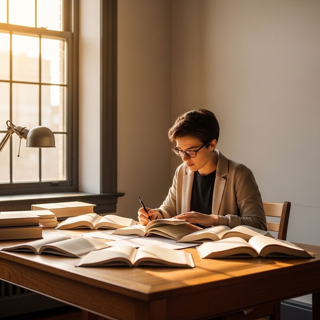 Person sitting at a large wooden desk in a well-lit library or study, surrounded by open books and papers, engaged in focused reading with warm afternoon light streaming through a tall window
